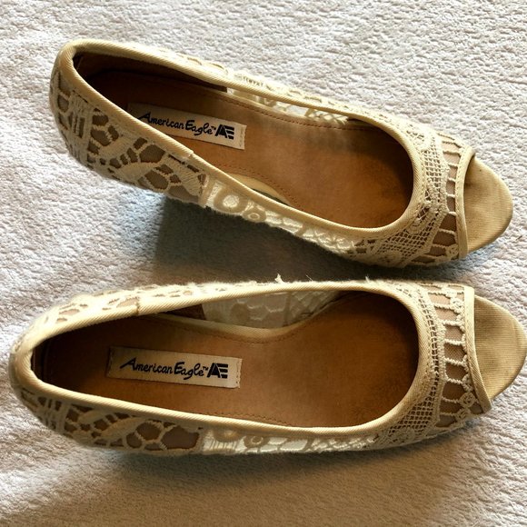 American Eagle By Payless Shoes - Antique White Lace Wedge Peep Toe Sandals